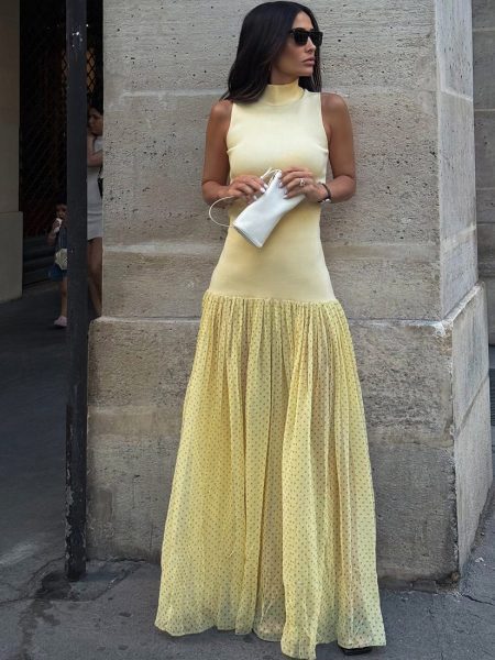 High Collar Temperament Slim-fitting Patchwork Long Fashion Polka Dot Dress