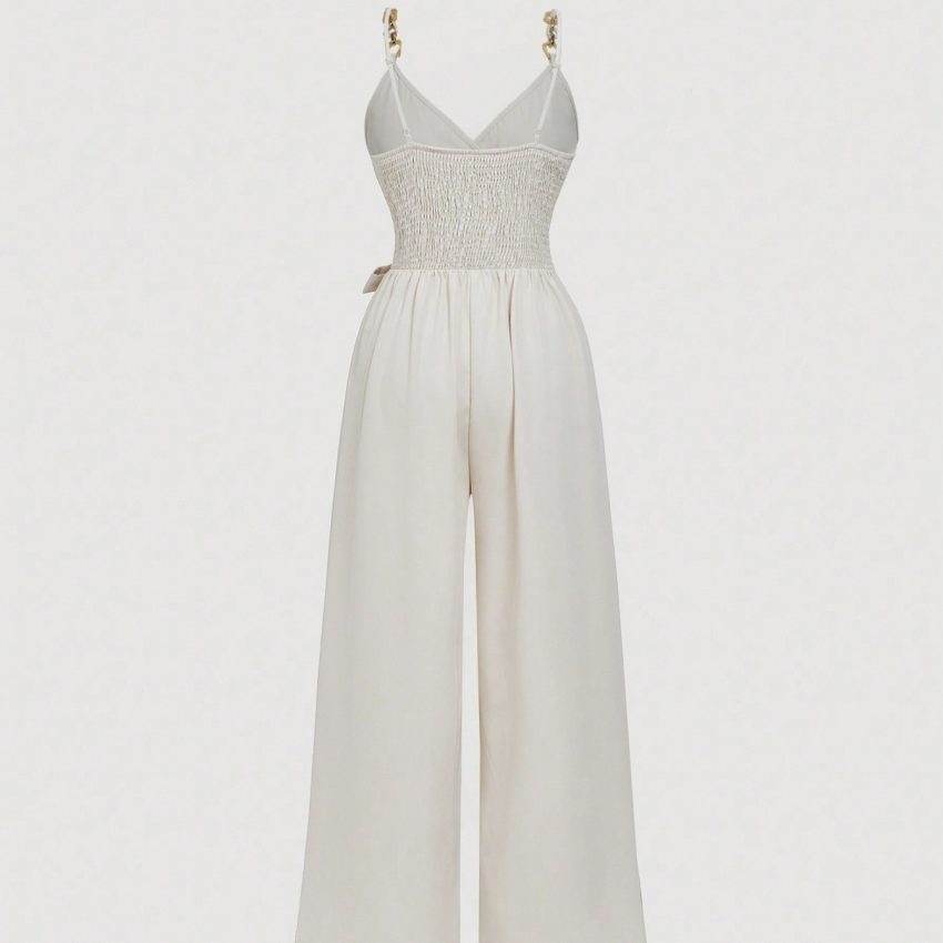 Ladies' Solid Color Elegant Fashion V-neck Strap Buckle Shoulder Strap Design Strap Jumpsuit