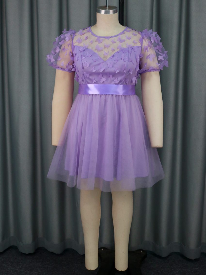 Three-dimensional Butterfly Gauzy Gown Short Sleeve Cute Lady Dress