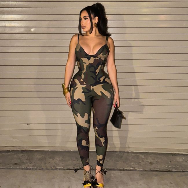 Camouflage Printed Back Lace Up Short Sling Vest Two-piece Set