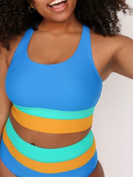 Multicolor Vest High Waist Swim Trunks Set Bikini Split Swimsuit