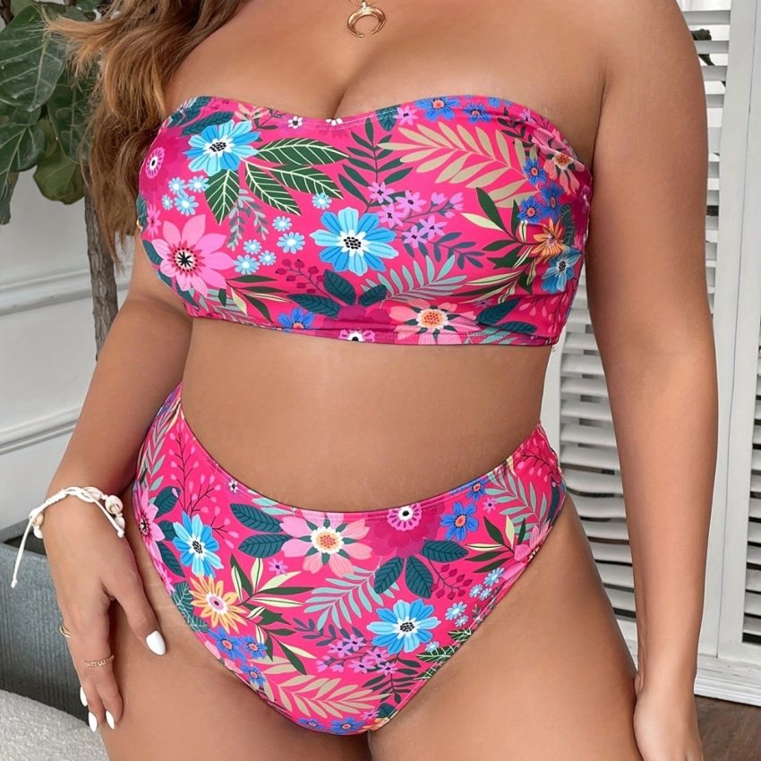 Plus Size Printed Split Tube Top Bikini Swimsuit