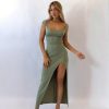 Square Collar Sexy Slit Solid Color Elegant Tied Dress