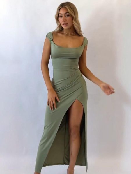 Square Collar Sexy Slit Solid Color Elegant Tied Dress