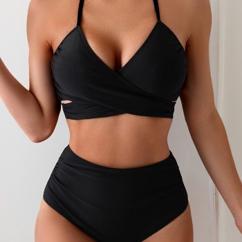Women's Cross Halter Swimsuit Bikini Two-piece Solid Color Cross Bikini Chest