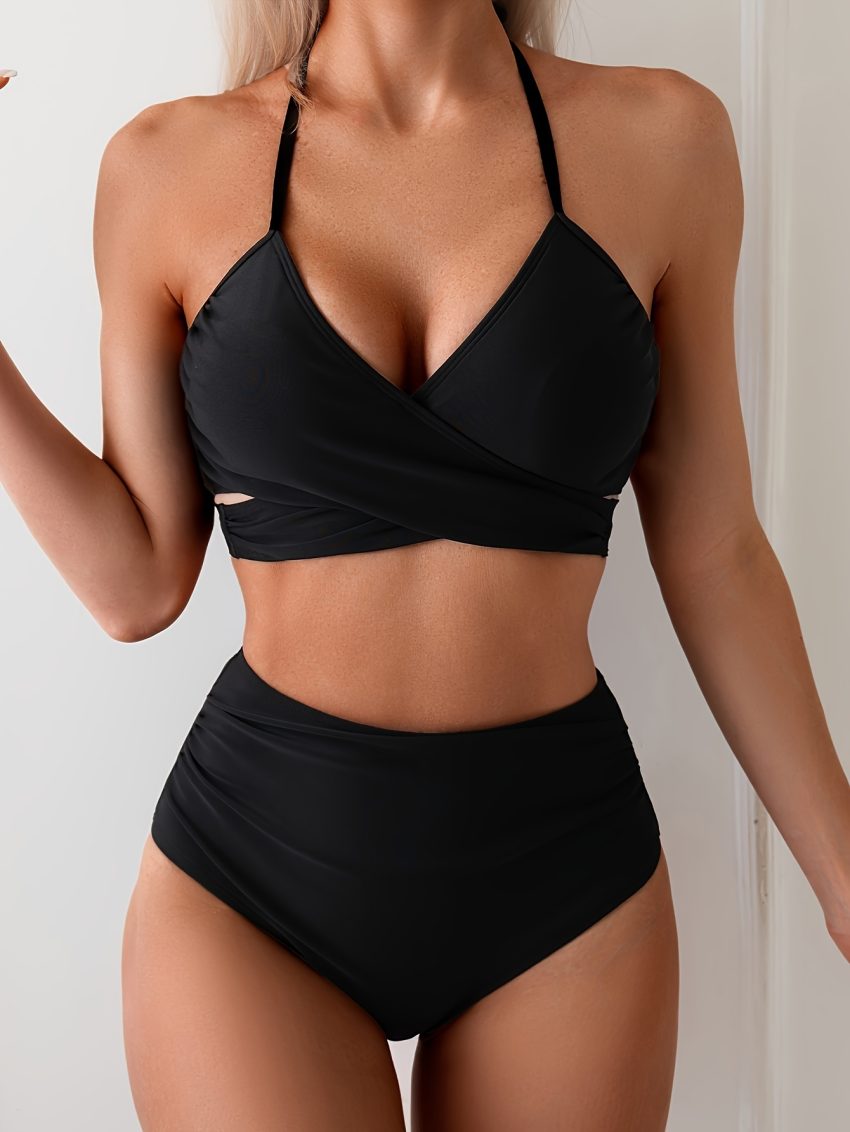 Women's Cross Halter Swimsuit Bikini Two-piece Solid Color Cross Bikini Chest