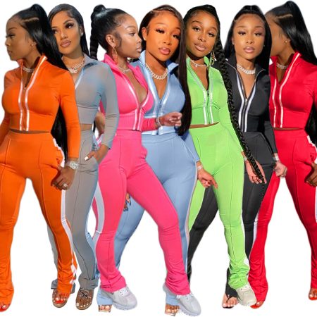 Pure color stitching fashion sports two-piece suit