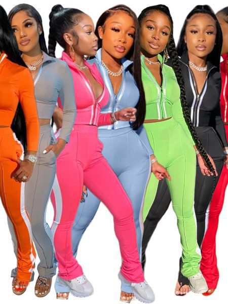 Pure color stitching fashion sports two-piece suit