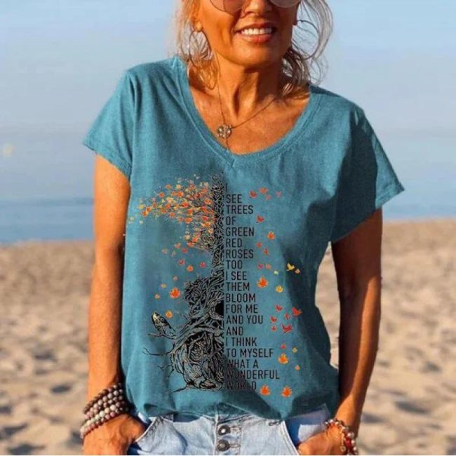 Loose V-neck Short Sleeve Digital Printed T-shirt