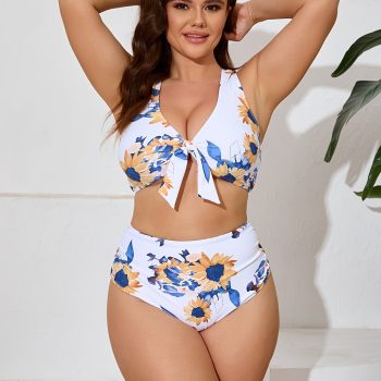 Women's Plus-size Bikini Suit, Flower Print, Back Cross Bikini, Holiday Style