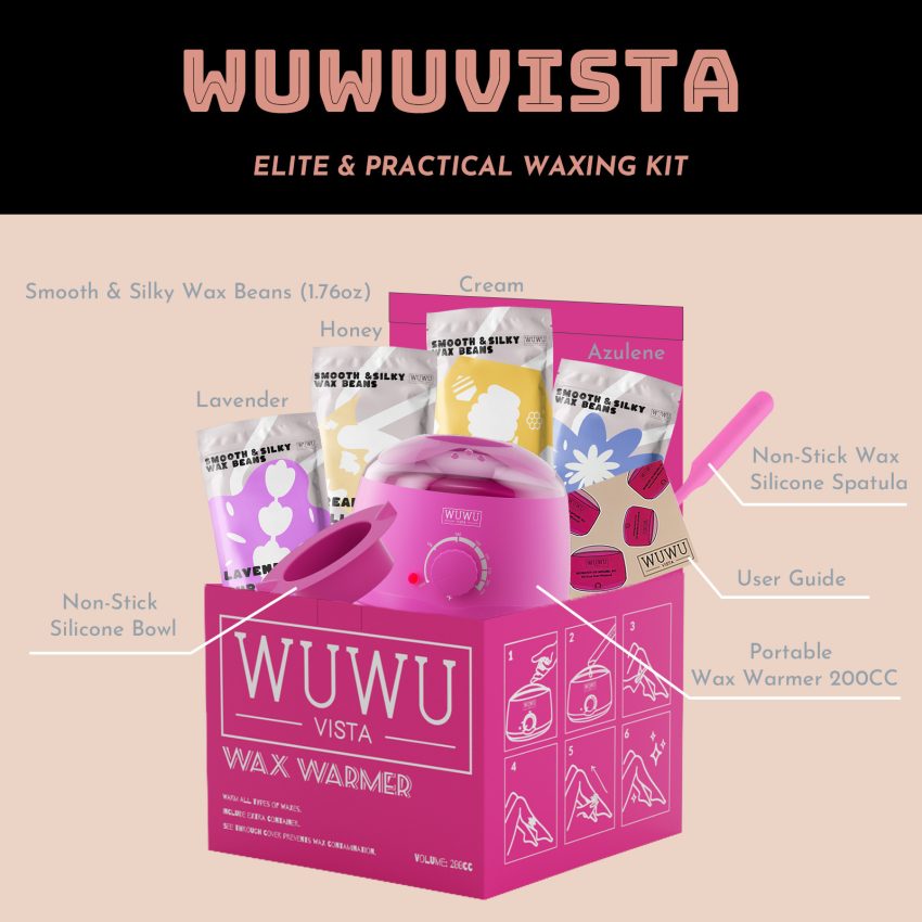 WUWUVISTA 8Pc Waxing Kit, Hair Removal Kit With Warmer, Wax Beans & Silicone Accessories For Full Body And Sensitive Skin, US EU UK Plug