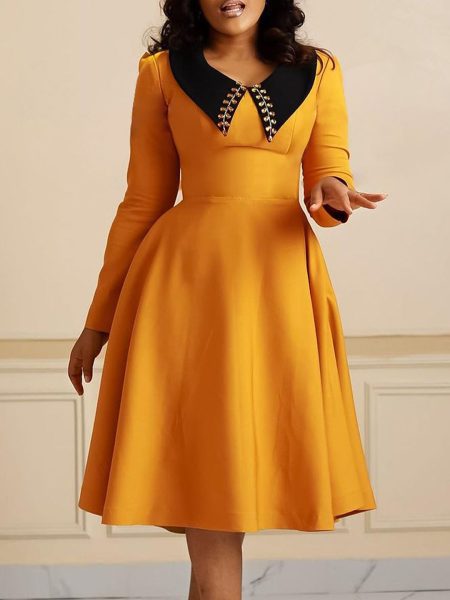 Long Sleeve Lapel Elegant Slimming Large Hem Dress