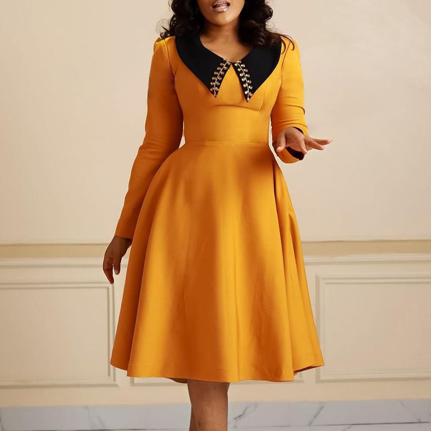 Long Sleeve Lapel Elegant Slimming Large Hem Dress