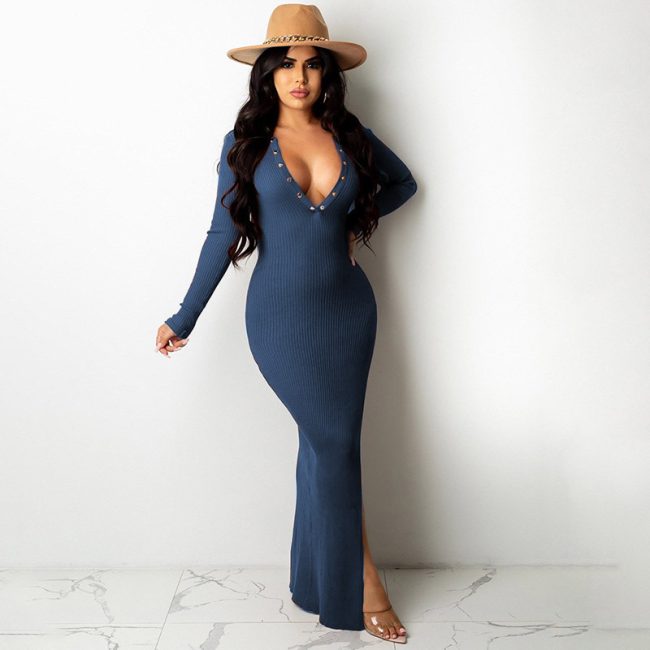 Lapel Backless Long Sleeves Slit Midi Skirt