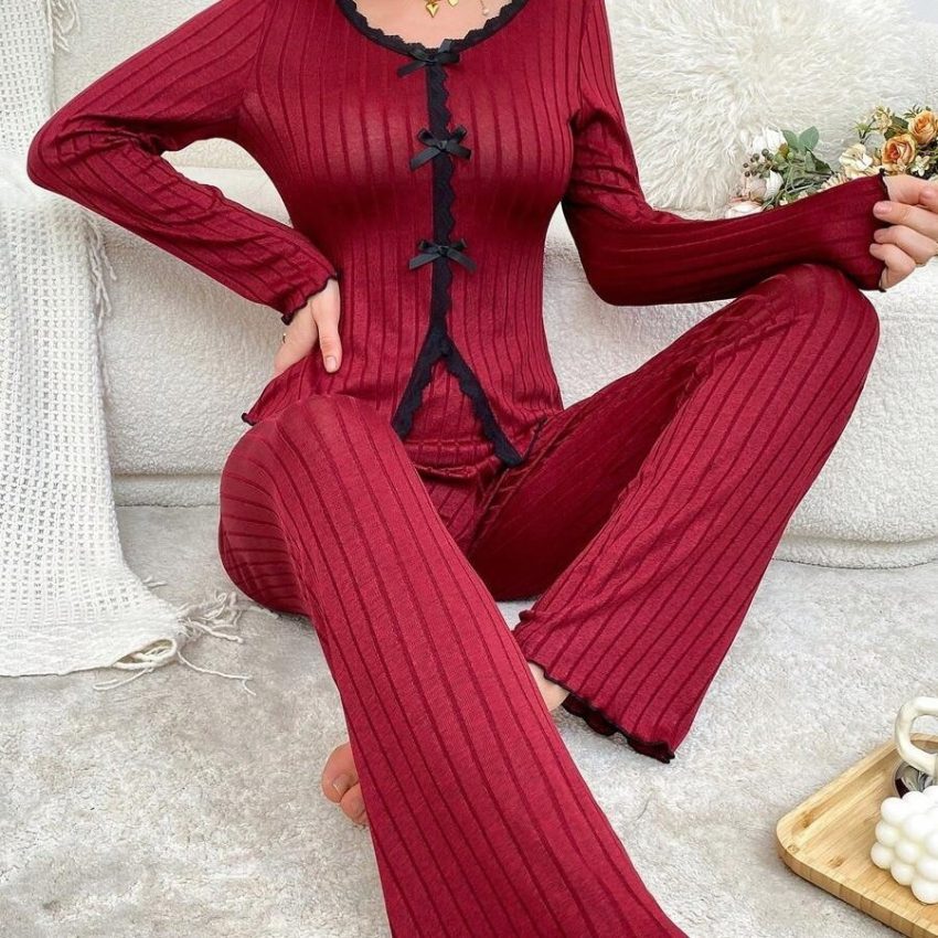 Long Sleeve Trousers Casual Homewear Lace Cardigan Suit
