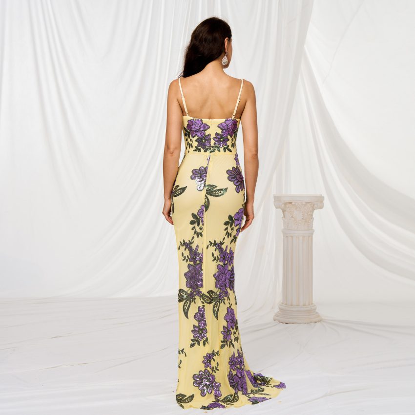 V-neck Brace Slim-fit Sheath Sequined Slit Evening Dress