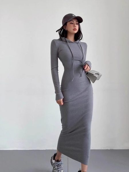 Women's Temperament Sheath Over The Knee Dress Hooded Long Sleeve Underwear Long Dress