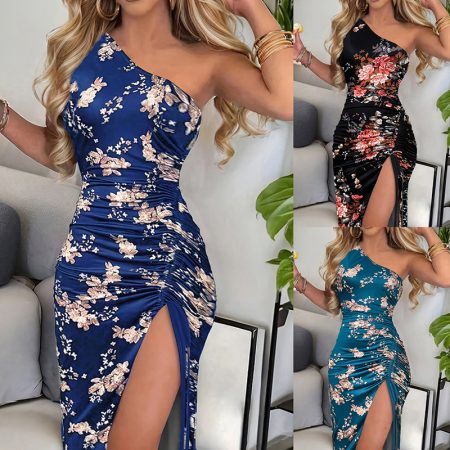 Women's One Shoulder Bodycon Dresses Summer 2025 Ruched High Split Floral Beach Cocktail Wedding Guest Dress