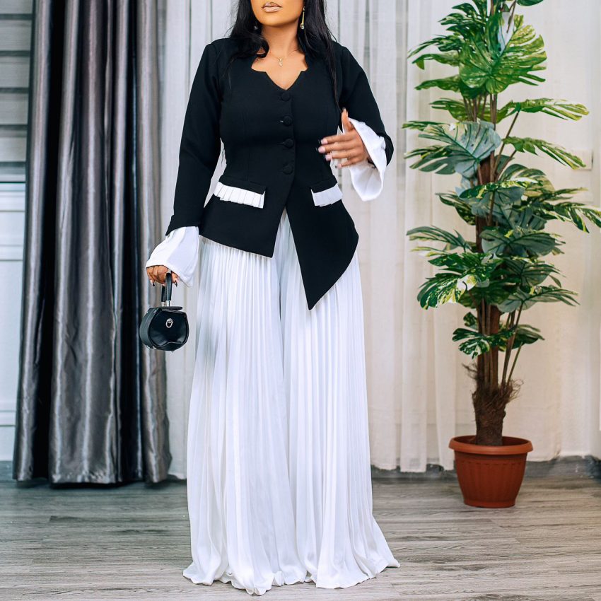 Fashion Flared Sleeves Top Pleated Wide-leg Pants Suit Two-piece Set