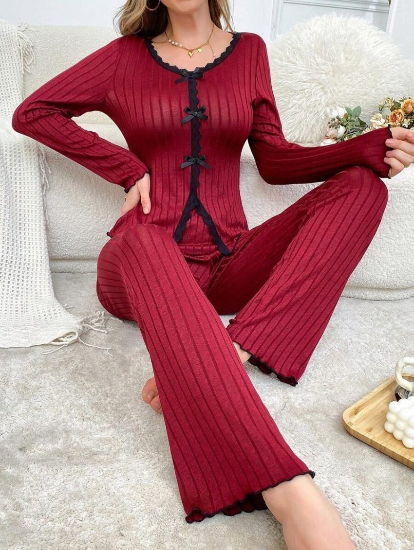 Long Sleeve Trousers Casual Homewear Lace Cardigan Suit