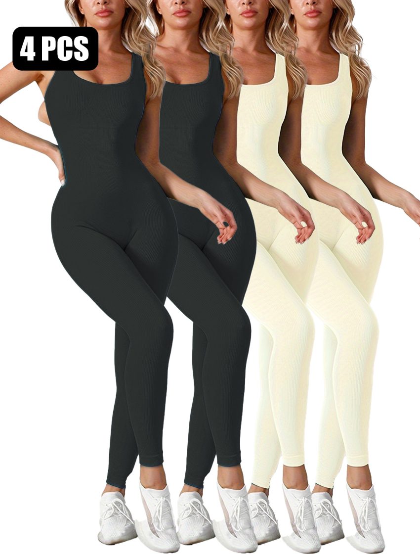 4 Pack Women's Square Neck Tank Shaping Jumpsuit - Ribbed, Tummy Control & Butt Lifting