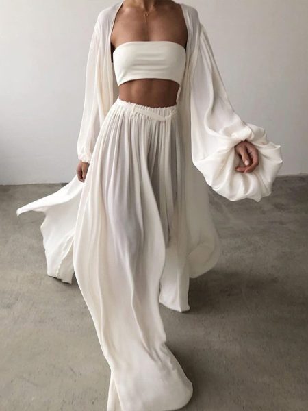 Women's Solid 3-Piece Set Lantern Sleeve Long Cardigan & Short Tube Top & Wide Leg Trousers With Drawstring Spring Summer Fashion Flowy Outfit