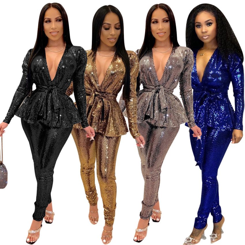 Women's Slim-fit Fashion Bronzing Long-sleeved Two-piece Suit
