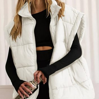 Beige Zipper Stand Neck Oversized Puffer Vest