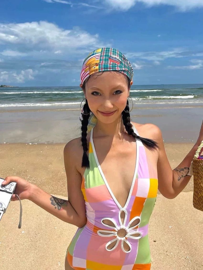 Rainbow Color Hollow Flower  Simple Style Swimsuit