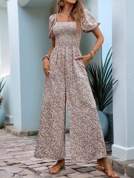 Square Collar Puff Sleeve Vacation Style Floral Jumpsuit