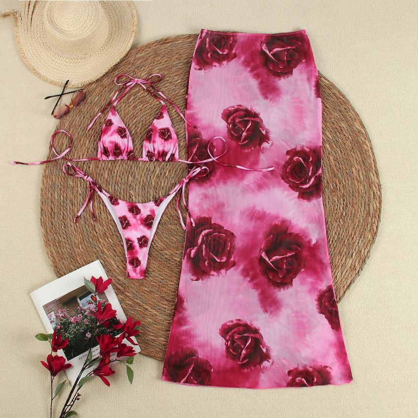 Women's Casual Rose Print Bikini Dress Suit