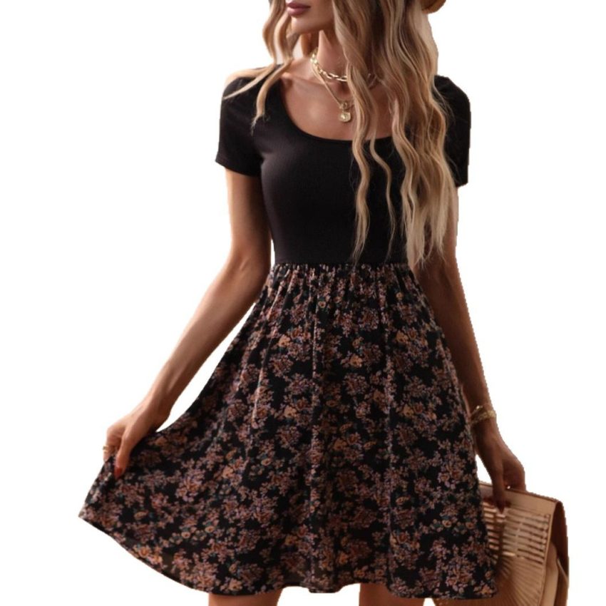 European And American Spring And Summer Floral Print Low Collar Leisure Vacation High Waist Big Swing Dress