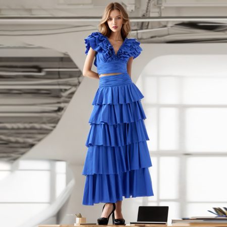 Vacation Style Fashion Casual Set Short Top Ruffled High Waist Skirt