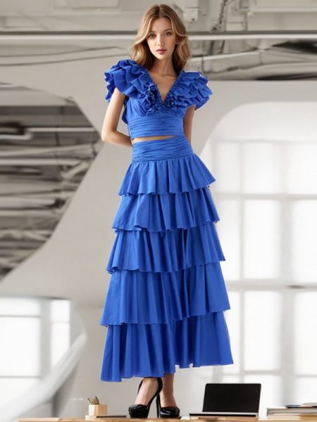 Vacation Style Fashion Casual Set Short Top Ruffled High Waist Skirt