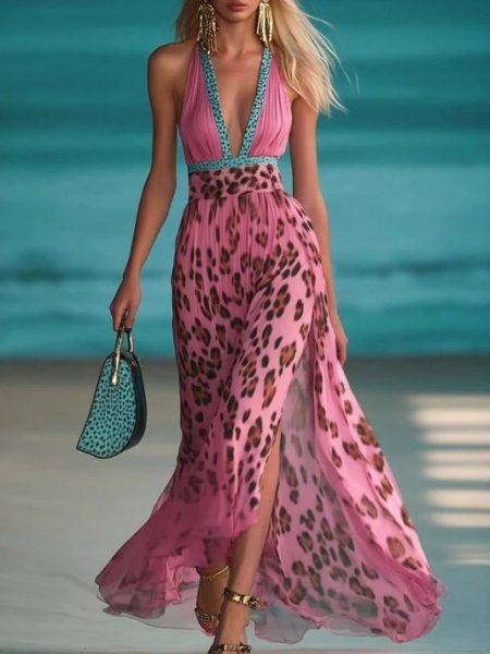 Leopard Print V-neck Waist-controlled Slimming Temperament Camisole Dress