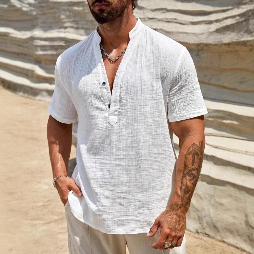 Men's Single-layer Solid Color Breathable Stand Collar Short-sleeved Shirt