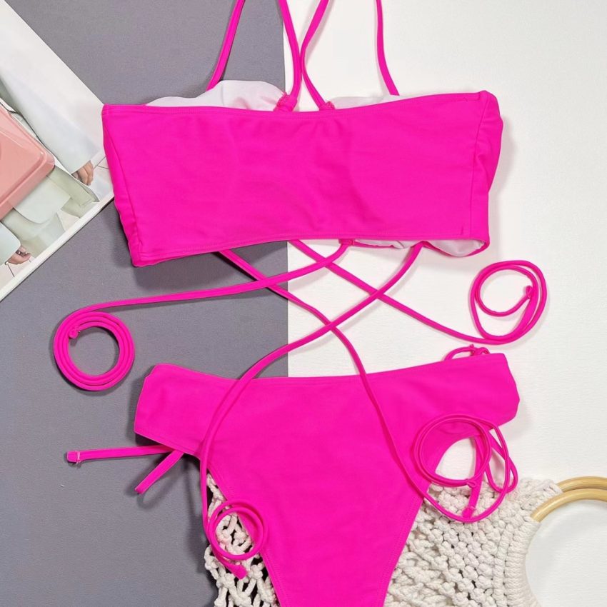 New Bikini Split Women's Swimsuit Solid Color Lace-up Sexy