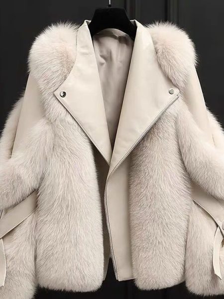 One-piece Fur Motorcycle Coat Long Wool Coat