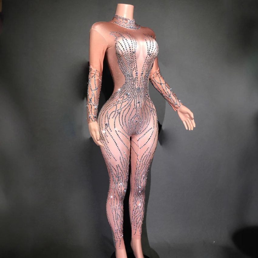 Women's Sexy Rhinestones Striped Tight Jumpsuit