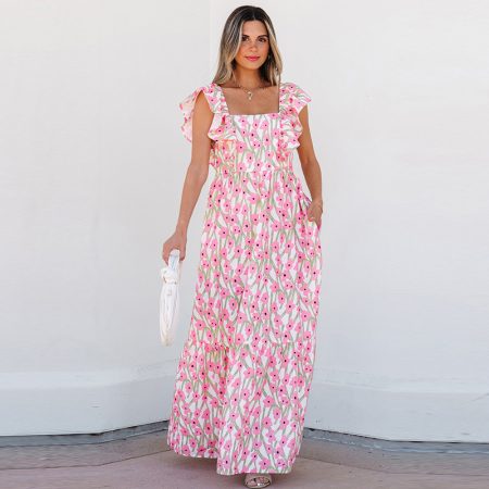 Women's Casual All-match Floral High Waist Square Collar Dress