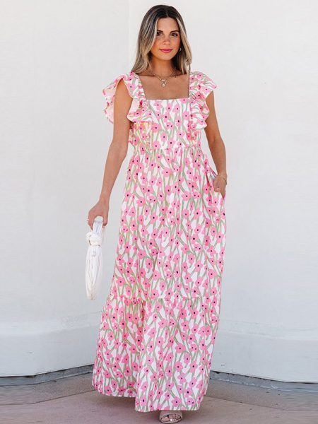 Women's Casual All-match Floral High Waist Square Collar Dress