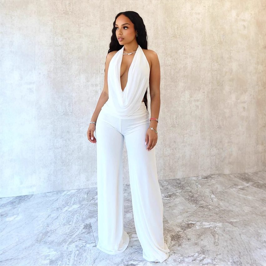 Women's Pure Color Halter Swing Collar Bare Back Rope Pure Color Mesh Two-piece Set