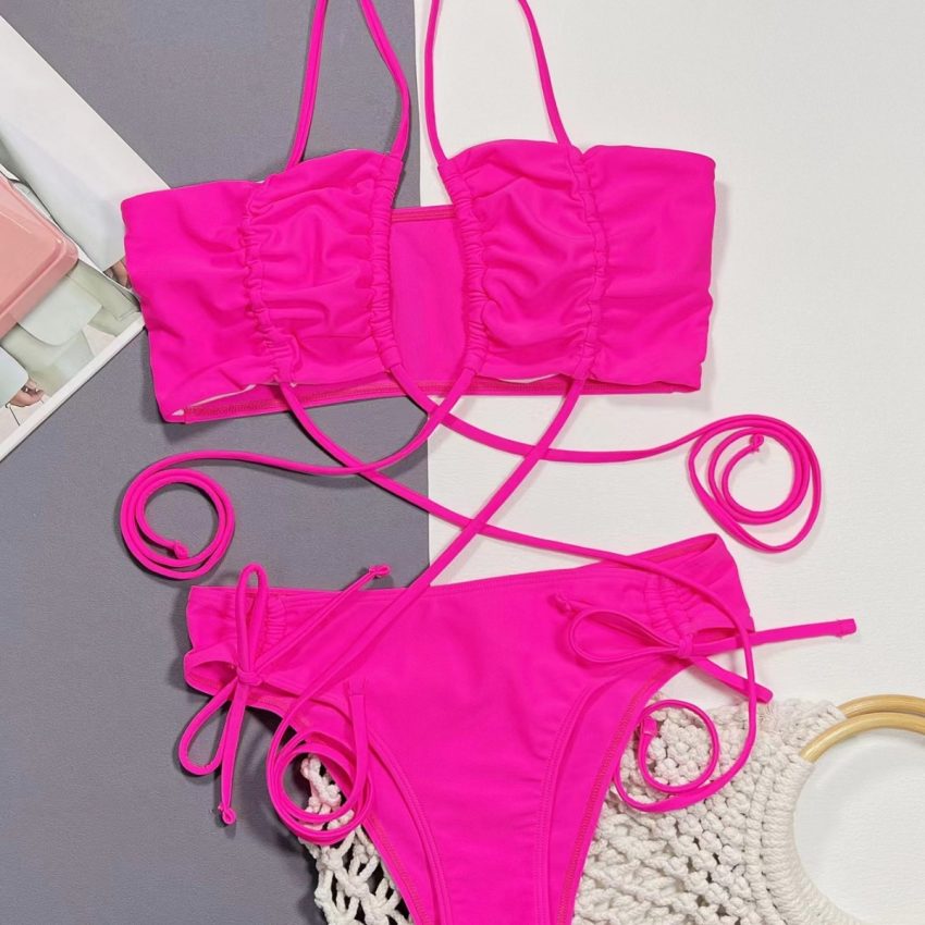New Bikini Split Women's Swimsuit Solid Color Lace-up Sexy
