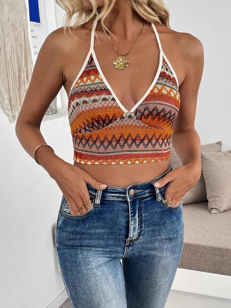 European And American Geometric Striped Halter Slim-fitting Suspenders Vest Women