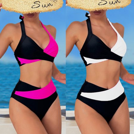 Halter Color Matching High Waist Bikini Split Swimsuit