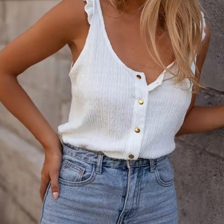 Solid Color Knitted Round Neck Ruffled Sweet Sleeveless Top