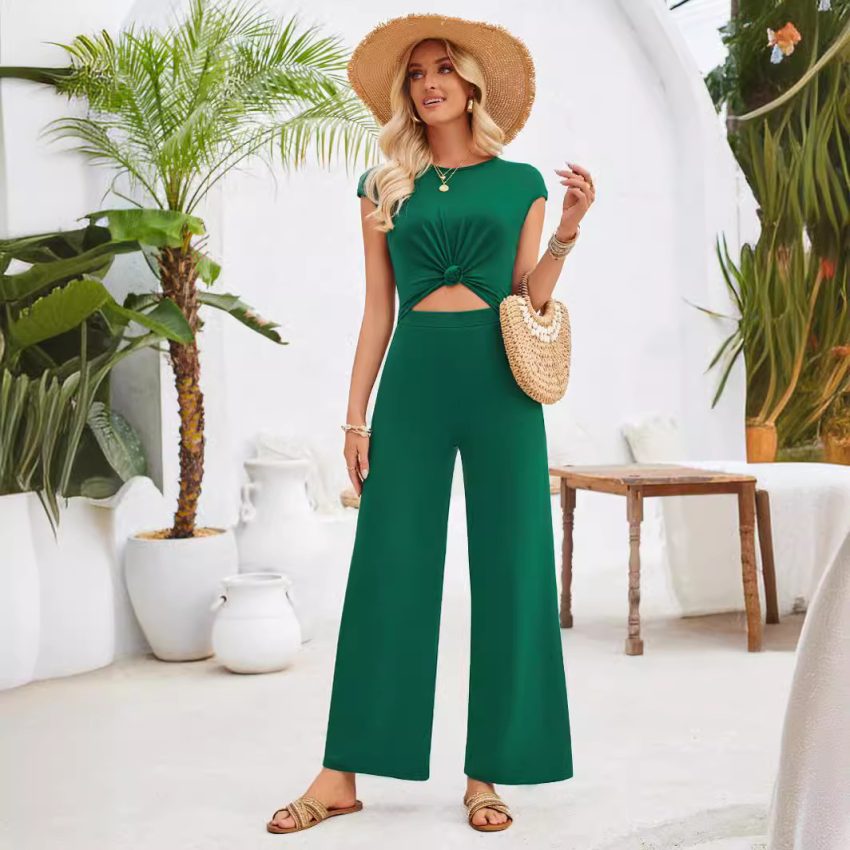 Casual Women's Jumpsuit Summer Round Neck Short Sleeves Knitted
