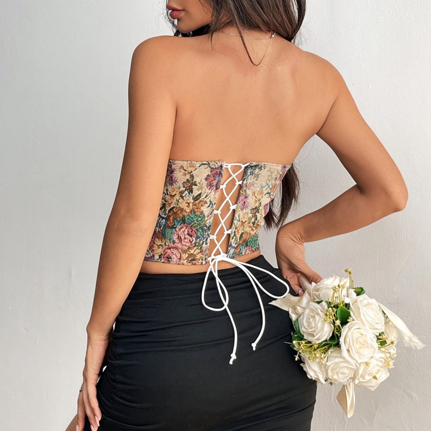 Retro Flower Niche Sling French Court Waist Girdling Band Adjustable Tube Top