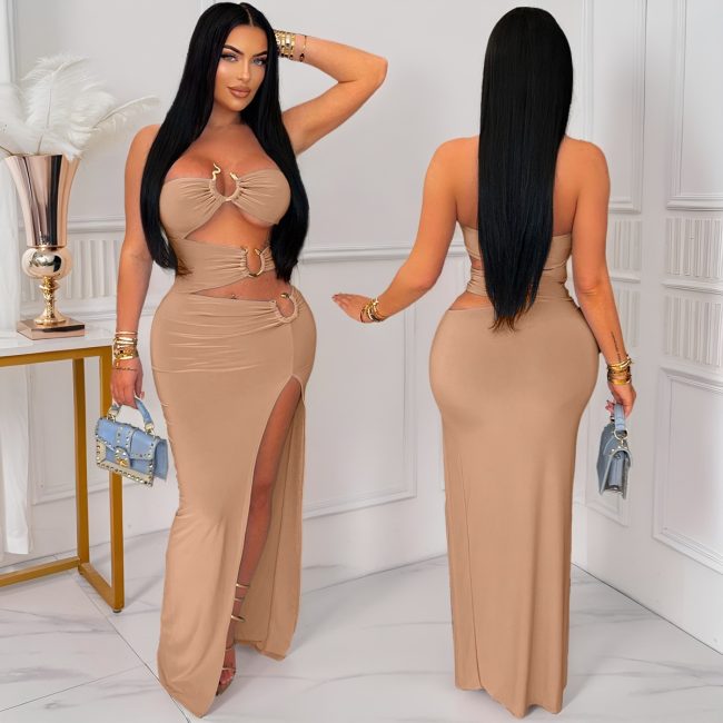 Women's Solid Color Hollow-out Eyelet Stitching High Slit Hip Dress