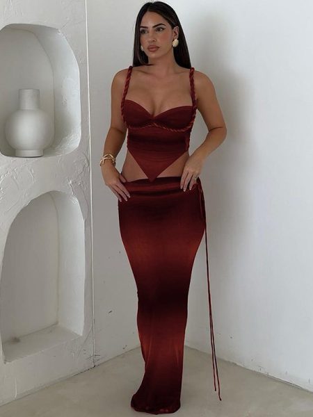 Cool Contrast Color Camisole Sexy Slim Fit Tied Skirt Suit Women